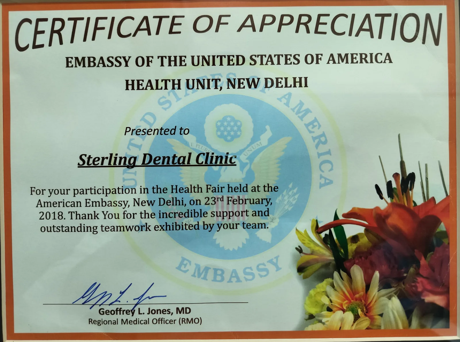 Embassy of the United States of America, Health Unit, New Delhi · Certificate of Appreciation