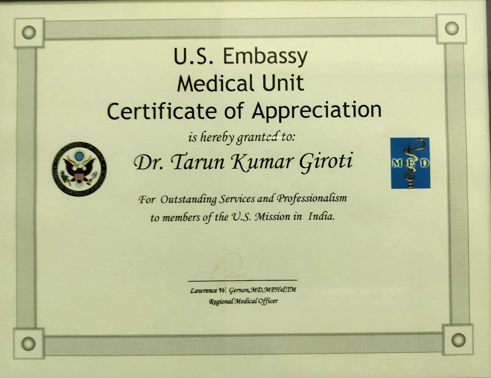 U.S. Embassy Medical Unit · Certificate of Appreciation